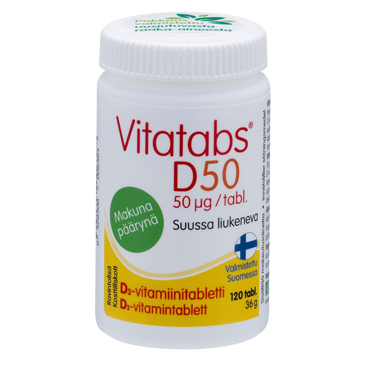 Vitatabs D50 Päärynä; valkoinen muovipullo mattapinnalla ja kierrekorkilla, pystyssä vaaleaa taustaa vasten; etuetiketissä lukee "Vitatabs D50" ja ilmoitetaan 120 D3-vitamiinitablettia, teksti suomeksi ja ruotsiksi sekä pieni päärynäkuvake tai maininta mausta ja Suomen lipun symboli; etikettitypografia moderni ja lihavoitu; ei ihmisiä tai lisäesineitä kuvassa.