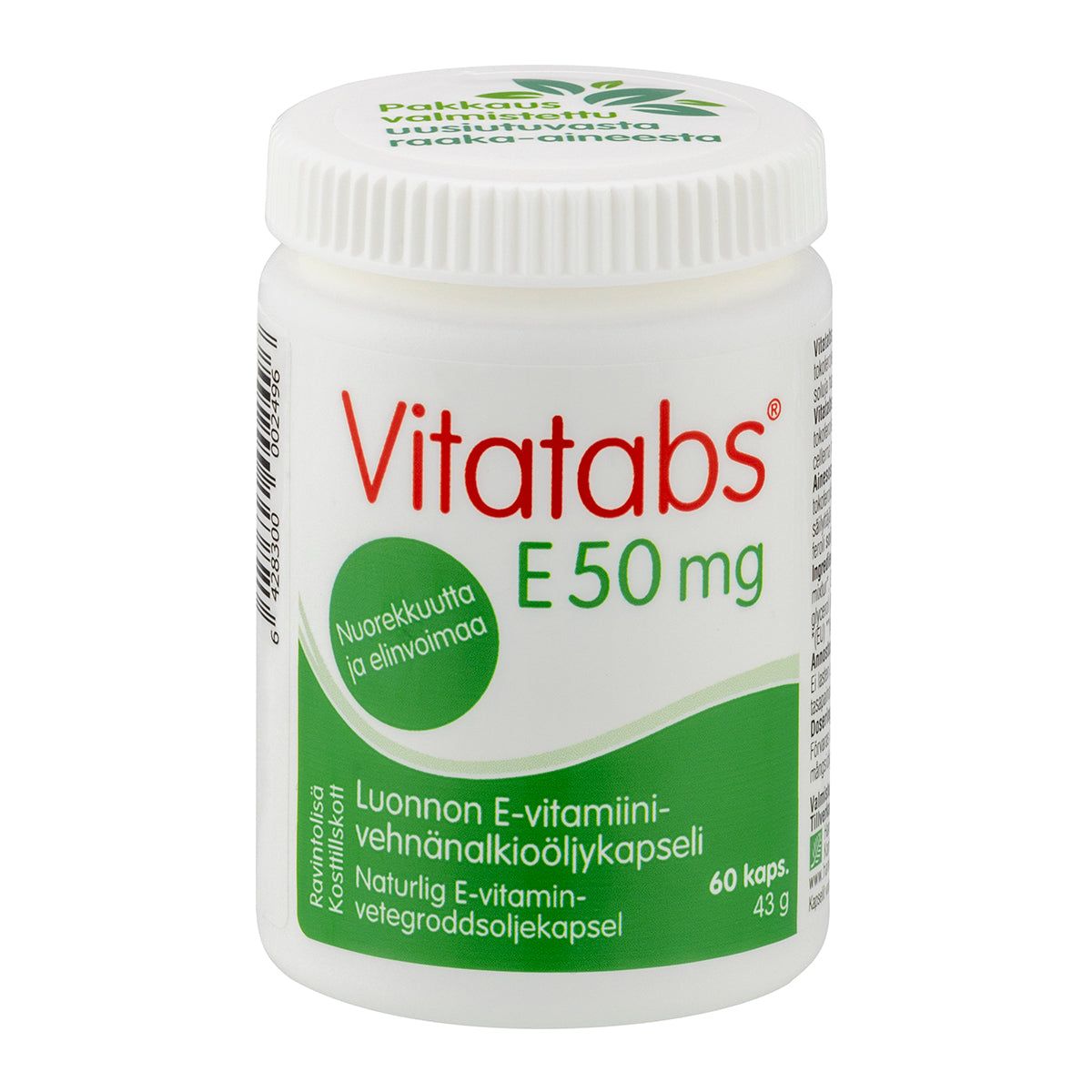 Vitatabs E 50 mg kapseli -pullo, valkoinen mattapintainen muovipullo valkoisella kierrekorkilla; vihreä-valkoinen etiketti, 60 pehmytkapselia, teksti suomeksi