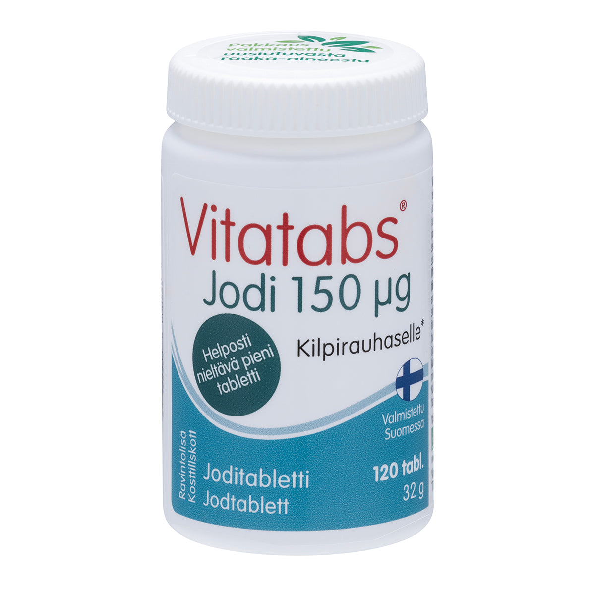 Vitatabs Jodi 150 mikrog; valkoinen pullo sinisellä korkilla ja suomenkielisin tekstein; läpinäkymätöntä muovia mattapinnalla, sylinterinmuotoinen, sininen kierrekorkki; etiketissä groteskikirjasinta mustalla ja sinisellä valkoisella pohjalla; etiketissä Suomen lippu -kuvake; ei ihmisiä tai käsiä kuvassa, valkoinen tausta, studiotuotekuva.