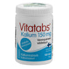 A cylindrical white plastic bottle with a matte finish is shown. The label has “Vitatabs Kalium 150 mg” in bold sans-serif font, along with information stating it contains 120 tablets. Finnish text describing its uses is clearly visible on the label. Bottle has a screw-top cap. Plain neutral background, no people or props present. A white bottle labeled Vitatabs Kalium 150 mg contains 120 tablets. The Finnish text highlights its use for blood pressure and muscle/nerve support, emphasizing potassium