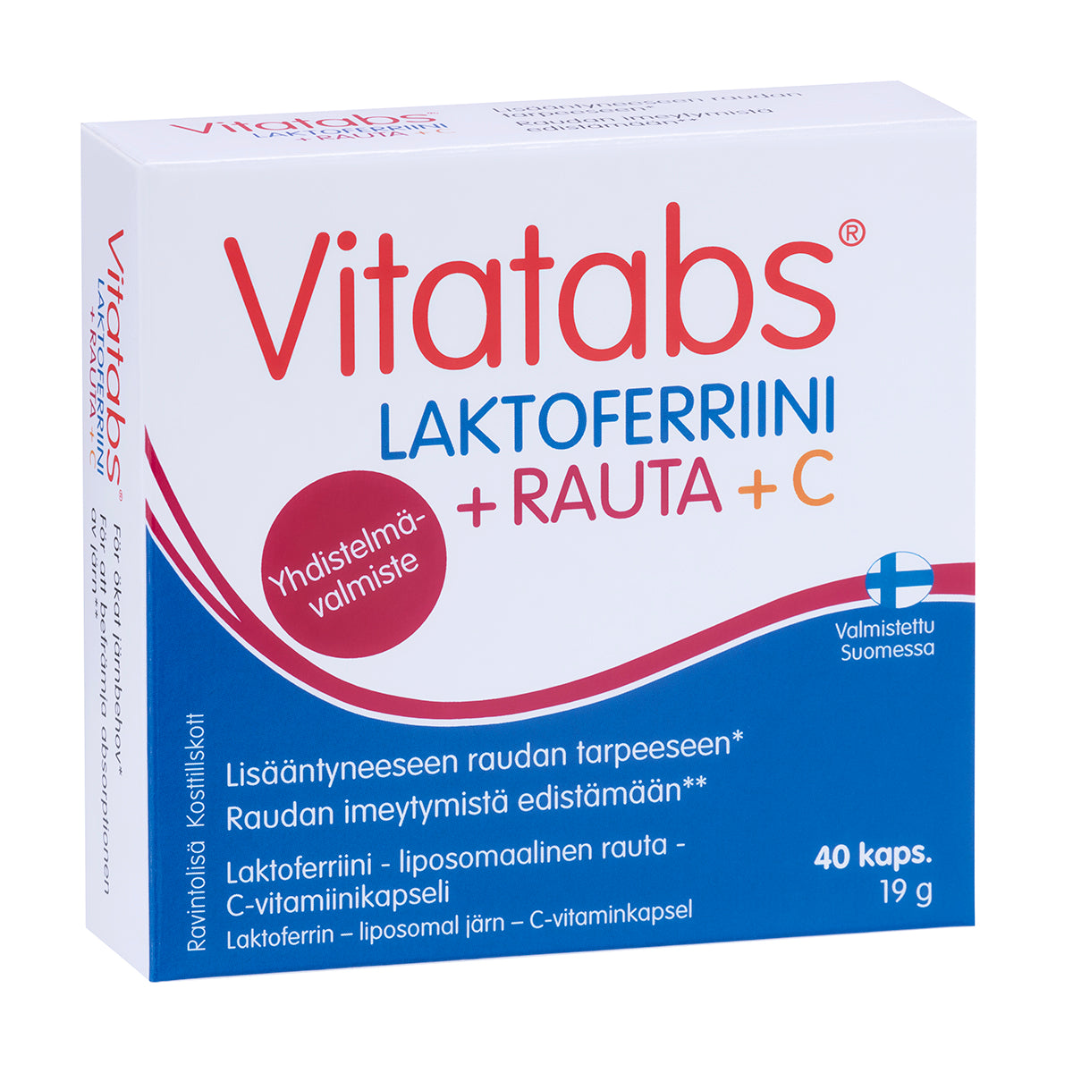 Vitatabs Laktoferriini 177 mg + Rauta + C-vitamiini, 40 kapselia suorakaiteen muotoisessa pakkauksessa; pinta mattaa, yläosa ja sivut pääosin valkoiset, alaosa punainen, mukana sinisiä korostusviivoja; suomenkielinen teksti lihavoidulla groteskifontilla; ei ihmisiä eikä käsiä näkyvissä, kuva tasaisesti valaistua vaaleaa taustaa vasten.