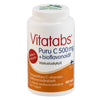 Vitatabs Puru-C 500 mg + Bioflavonoidit -pullo, valkoinen, oranssi etiketti, suomenkielinen teksti; mattapintainen sylinterinmuotoinen muovipullo, pyöreät hartiat, groteskiteksti annostuksesta ja määrästä