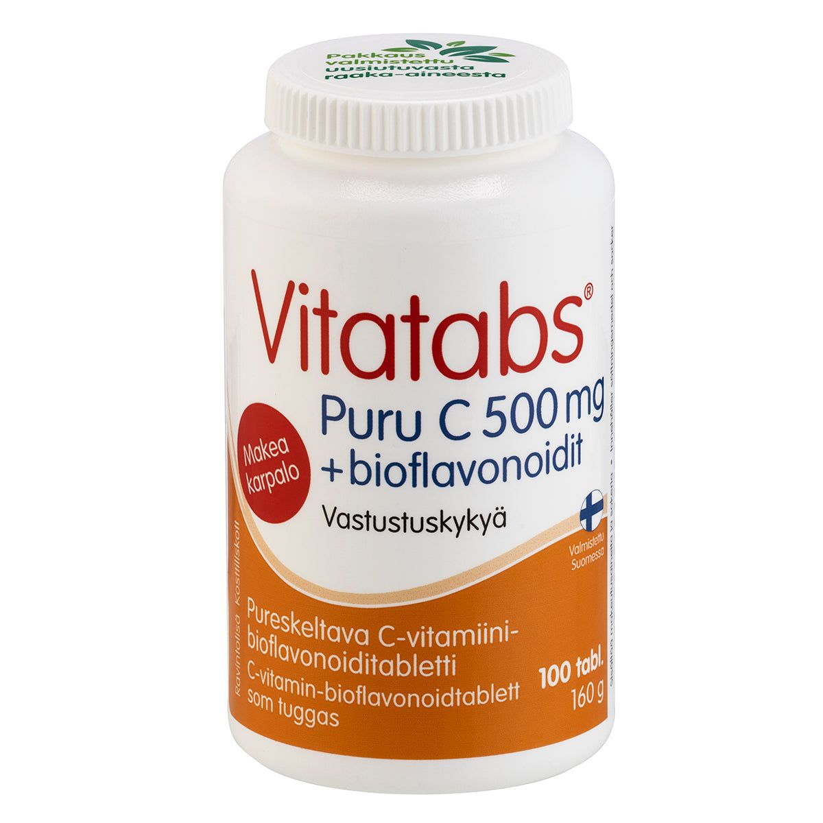 Vitatabs Puru-C 500 mg + Bioflavonoidit -pullo, valkoinen, oranssi etiketti, suomenkielinen teksti; mattapintainen sylinterinmuotoinen muovipullo, pyöreät hartiat, groteskiteksti annostuksesta ja määrästä