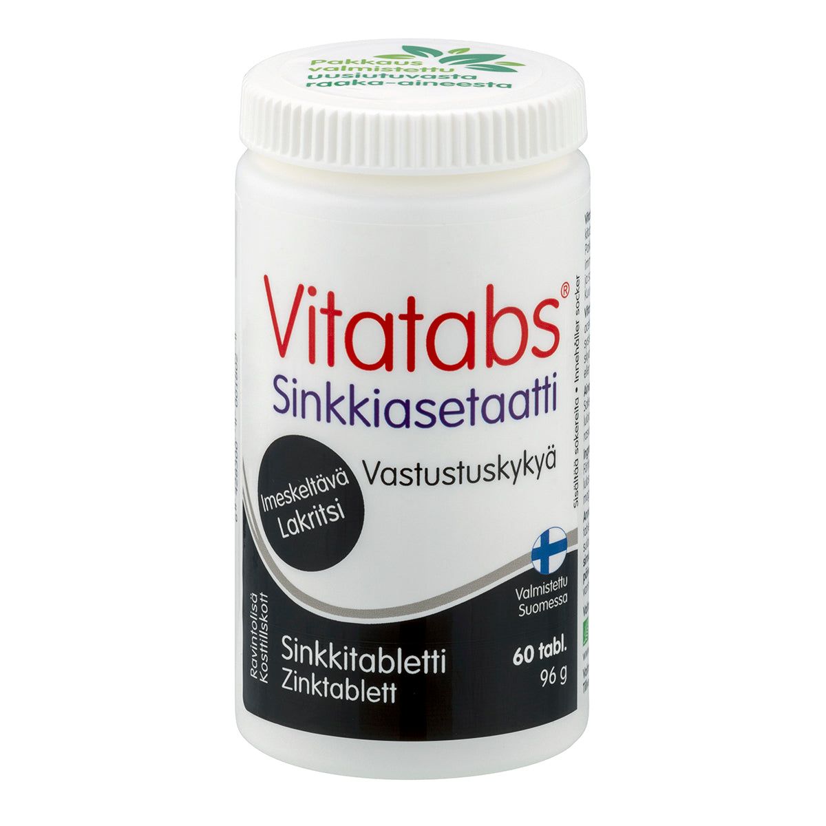 A white plastic bottle of Vitatabs Sinkkiasetaatti zinc tablets with a matte finish, cylindrical shape, and plastic screw cap. The front label displays Finnish text in bold black and orange fonts, noting licorice flavor, 60 tablets, and Finnish origin. Product is shown against a plain background with no people or objects included. A white bottle of Vitatabs Sinkkiasetaatti zinc tablets with Finnish text on the label, highlighting licorice flavor, 60 tablets, and Finnish manufacture. Zinc is featured as a