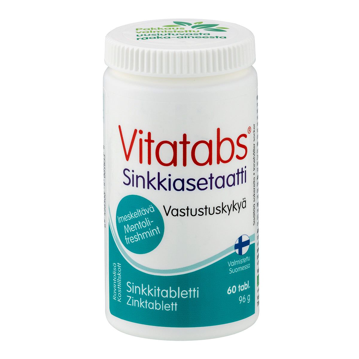 Vitatabs Sinkkiasetaatti Mentoli-Freshmint; valkoinen muovipullo mattapinnalla, lieriömäinen muoto ja kierrekorkki; etiketissä "Vitatabs Sinkkiasetaatti" sinisin ja punaisin groteskikirjaimin, teksti kertoo Suomessa valmistetuista mentolisinkkipastilleista; sisältö 60 tablettia, nettopaino 96 g; vaalea tausta, ei ihmisiä tai käsiä.