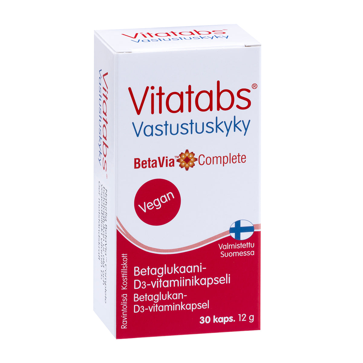 Vitatabs Vastustuskyky: rasia Vitatabs Vastustuskyky BetaVia Complete -vegaanista ravintolisää Suomesta, beetaglukaania ja D3-vitamiinia immuunijärjestelmän tueksi; jokainen rasia sisältää 30 helposti nieltävää kapselia; suorakulmainen rasia on pääosin valkoinen turkoosein ja sinisin korostuksin, mattapinta, lihavoitu groteskikirjasin tuotenimelle; pakkaus kuvattu valkoista taustaa vasten, ei ihmisiä näkyvissä.