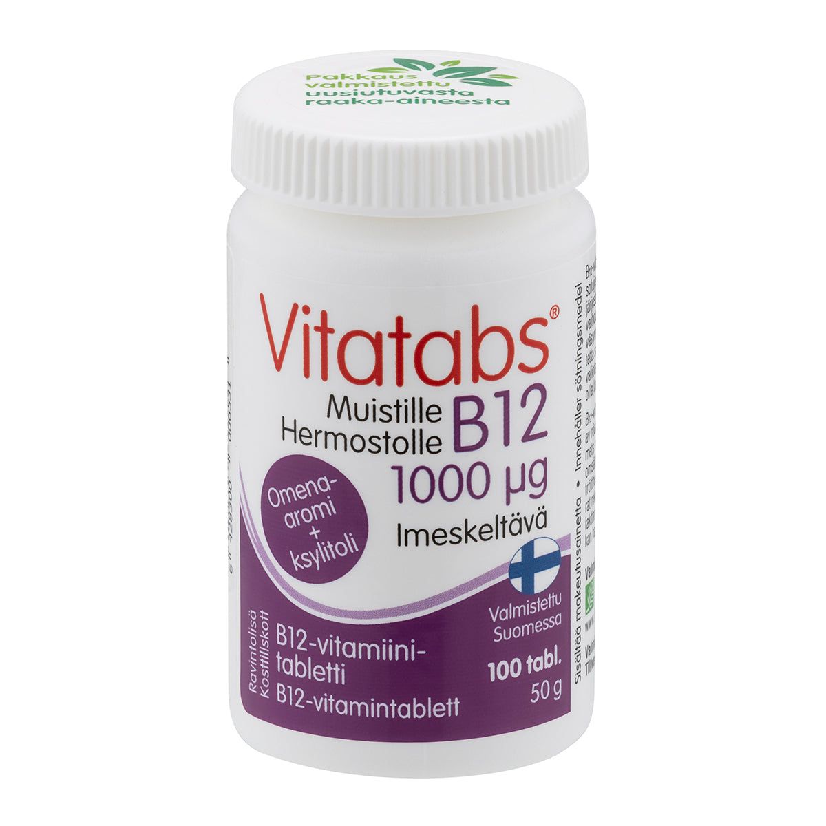 A white bottle of Vitatabs B12 vitamins with a pink matte label features Finnish text and a green leaf logo printed on the white plastic lid. The label uses bold, sans-serif typography and displays “1000 µg,” “omenan maku,” and “100 tabl.” The bottle has a cylindrical shape. Background is plain white. No people or hands are visible in the image.