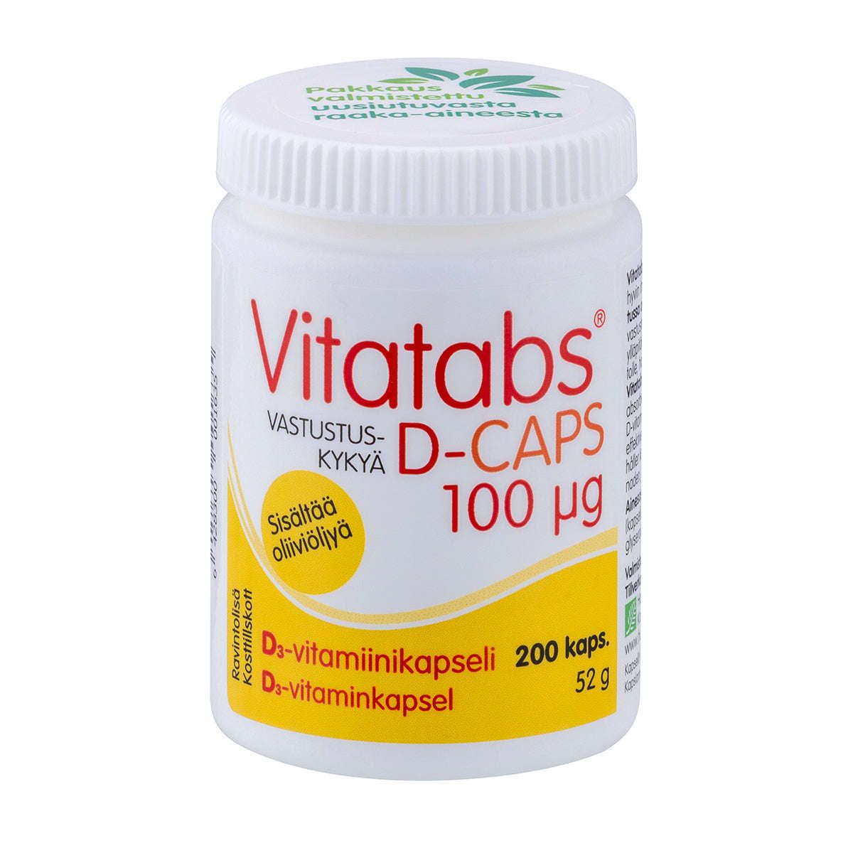 Vitatabs D-Caps 100 mikrog -purkki, 200 kapselia; valkoinen, mattapintainen ja sylinterimäinen muovipullo; keltainen etiketti suomenkielisellä tekstillä; korkki valkoinen, päällä vihreää tekstausvapaata kirjoitusta; tuotenimi ja annostus lihavoiduin mustin kirjaimin; kuvattu yksiväristä taustaa vasten, ei ihmisiä tai muuta ympäristöä näkyvissä.