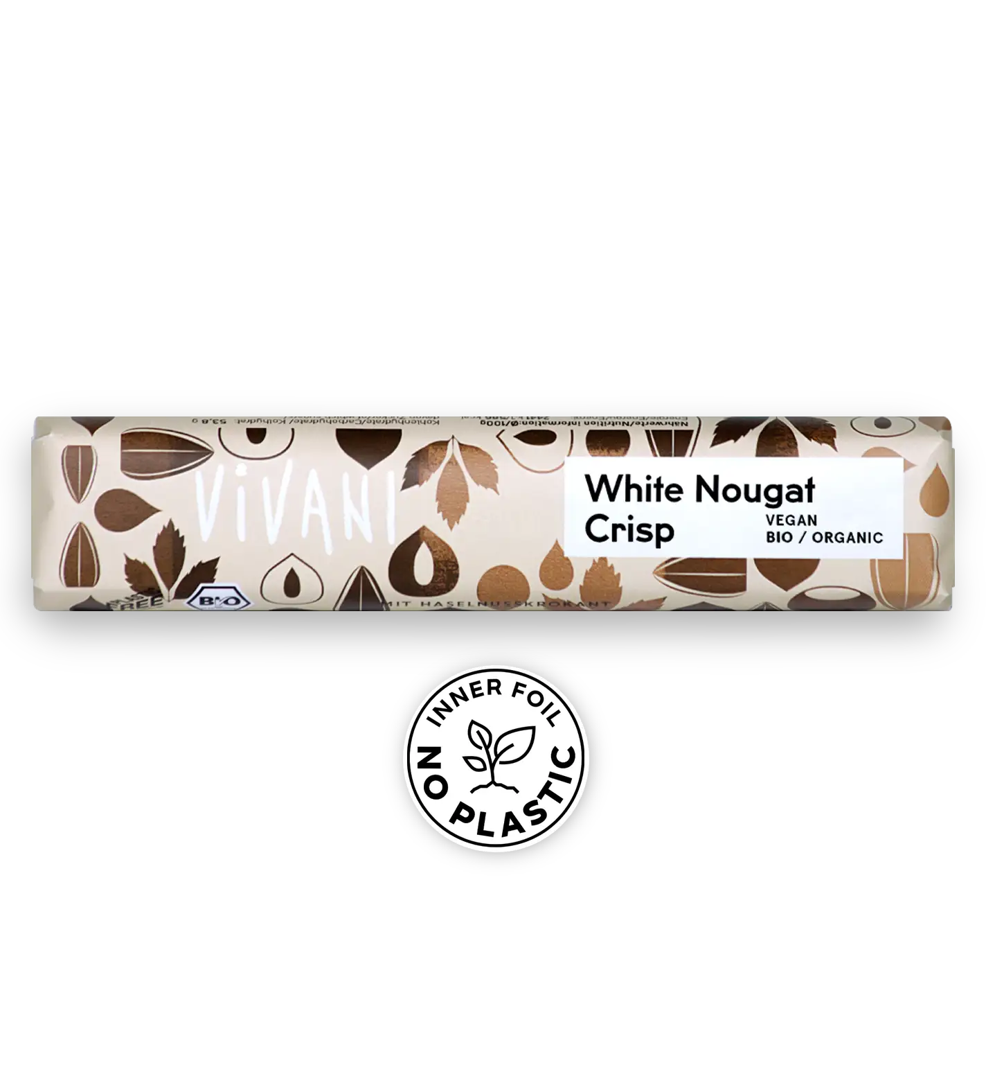 Vivani Luomu Nougat Valkosuklaa Patukka, valkoinen ja kultainen VIVANI White Nougat Crisp -pakkaus luomu- ja vegaanimerkinnöin; pakkaus suorakaiteen muotoinen, mattapintainen, teksti yksinkertaisin lohko- ja käsialafontein; alla pyöreä tunnus tekstillä INNER FOIL NO PLASTIC ja lehtikuvitus; tausta yksinkertainen, ei ihmisiä eikä käsiä näkyvissä.