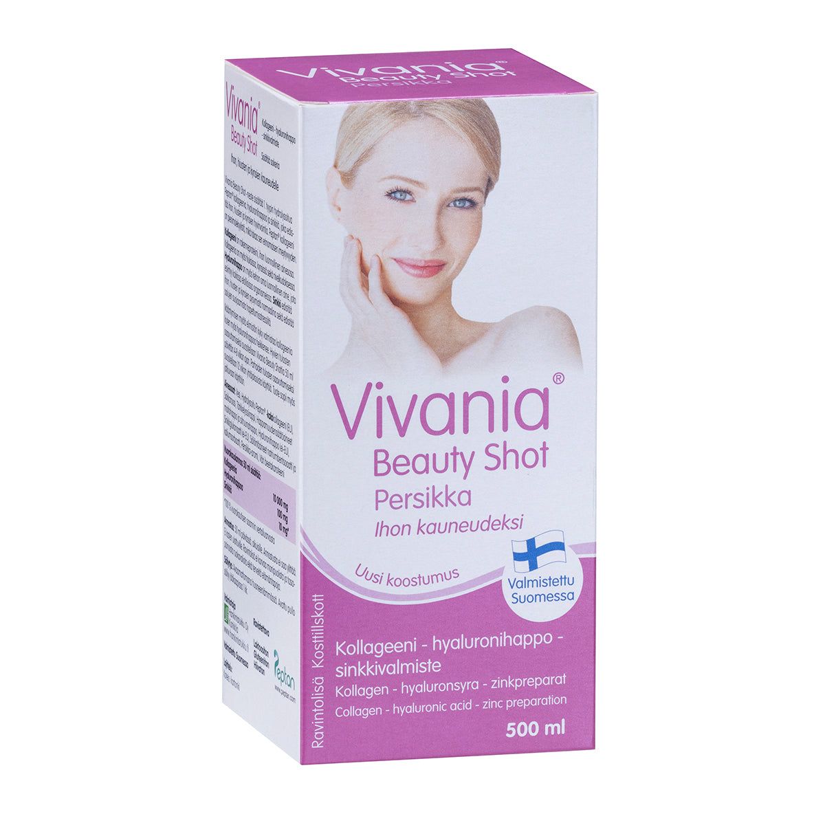 Vivania Beauty Shot Persikka — nestemäinen kollageeni-, hyaluronihappo- ja sinkkivalmiste
