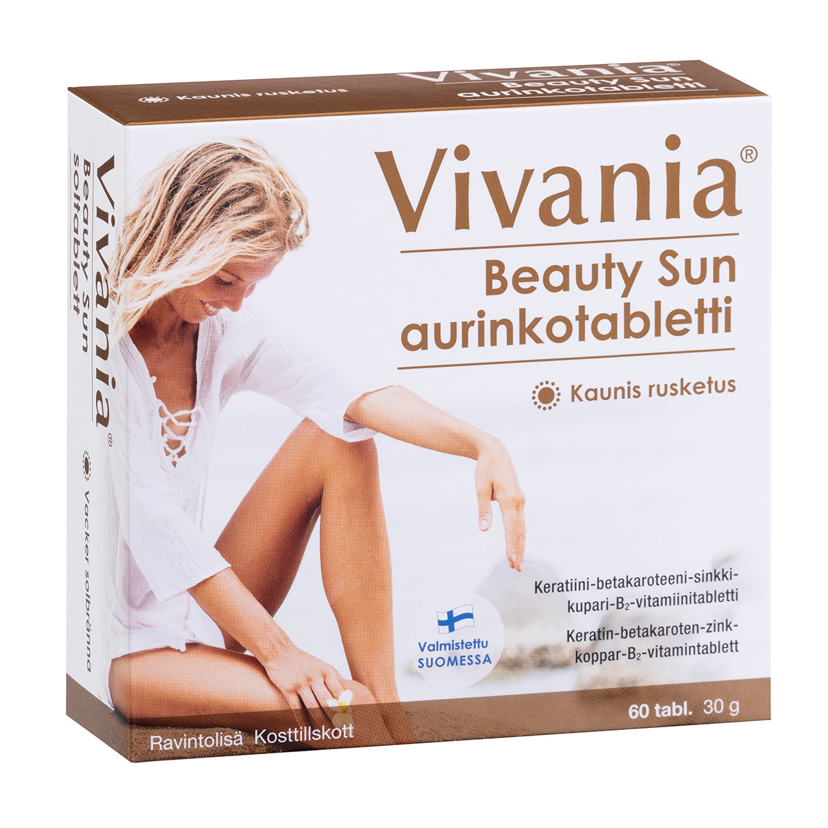 Vivania Beauty Sun -aurinkotablettipakkaus, etusivulla nainen valkoisessa uimapuvussa; suorakaiteen muotoinen pakkaus pääosin valkoinen koralli- ja oranssein yksityiskohdin, kiiltäväpinnalla, tekstiä suomeksi ja ruotsiksi; pakkauksessa lukee sisältävän 60 tablettia kesäajan ihonhoitoon; suuri groteskituotenimi; kuva otettu vaalealla taustalla.