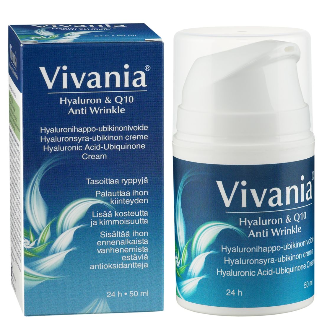 Vivania Hyaluron & Q10 Anti Wrinkle; laatikko ja pumppupullo Vivania Hyaluron & Q10 Anti Wrinkle -voidetta sinisen ja vihreän värimaailman kera; laatikko suorakulmainen, pullo sylinterinmuotoinen pumppuannostelijalla, molemmat mattapintaisia; selkeä tuotenimi ja lyhyet tiedot englanniksi ja suomeksi painettuna molempiin; valkoinen tausta, ei ihmisiä tai muita esineitä kuvassa.