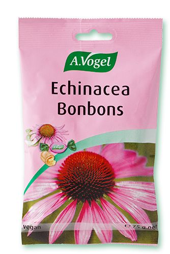 A.Vogel Echina-C Kurkkukaramelli -pakkaus, vaaleanpunainen, echinacea-kukkakuva ja käärittyjä vegaanikaramelleja, 75 g; mattapintainen muovipussi, valkoinen-vihreä groteskiteksti