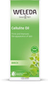 Weleda Cellulite Oil -pakkaus, vihreä-valkoinen, mattapintainen pahvirasia; koivunlehtikuvitus, luomu- ja sertifiointimerkit, teksti ihon kiinteyttämisestä, 100 ml