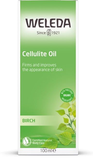 Weleda Cellulite Oil -pakkaus, vihreä-valkoinen, mattapintainen pahvirasia; koivunlehtikuvitus, luomu- ja sertifiointimerkit, teksti ihon kiinteyttämisestä, 100 ml