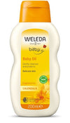 Weleda Baby Oil (kehäkukka) -pullo, 200 ml, kirkas kiiltäväpintainen muovipullo, kirkkaanoranssi korkki; keltainen-valkoinen etiketti kukkakuvituksin, teksti hajusteettomuudesta ja soveltuvuudesta herkälle iholle