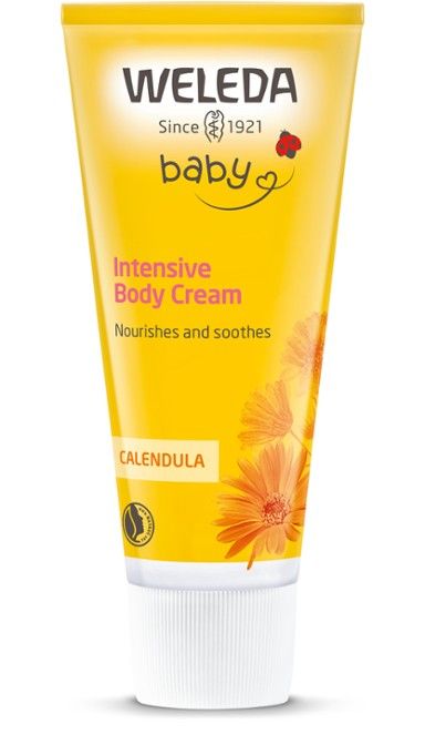 Weleda Baby Calendula Intensive Body Creme -tuubi, keltainen, kehäkukkakuvia; mattapintainen puristettava tuubi, pyöreä korkki alaosassa, valkoinen ja oranssi groteskiteksti "Intensive Body Cream, nourishes and soothes delicate skin with calendula"