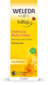 Weleda Baby Calendula Intensive Body Creme -pakkaus, keltainen mattapintainen pahvirasia, kukkakuvitus alaosassa, pyöreä luomumerkki etupuolella; valkoinen-oranssi groteskiteksti, 75 ml