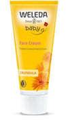 Weleda Baby Face Cream (kehäkukka) -tuubi, keltainen, eloisat oranssit kukat, valkoinen muovikorkki; musta lihavoitu teksti "Protects and moisturises sensitive skin", mattapinta