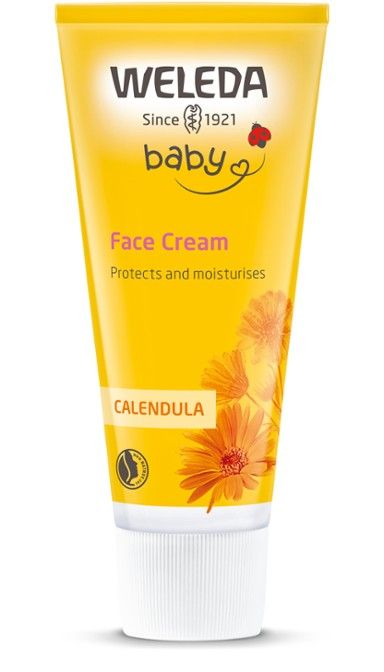 Weleda Baby Face Cream (kehäkukka) -tuubi, keltainen, eloisat oranssit kukat, valkoinen muovikorkki; musta lihavoitu teksti "Protects and moisturises sensitive skin", mattapinta