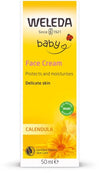 Weleda Baby Face Cream -pakkaus, keltainen-valkoinen, mattapintainen rasia; leppäkerttu- ja kehäkukkakuvitus, teksti luomukehäkukasta herkälle iholle, 50 ml