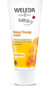 Weleda Baby Calendula Nappy Change Cream -tuubi, valkoinen, keltais-oranssi väritys, kehäkukkakuvia; mattapintainen muovituubi, groteskiteksti herkän ihon hoidosta