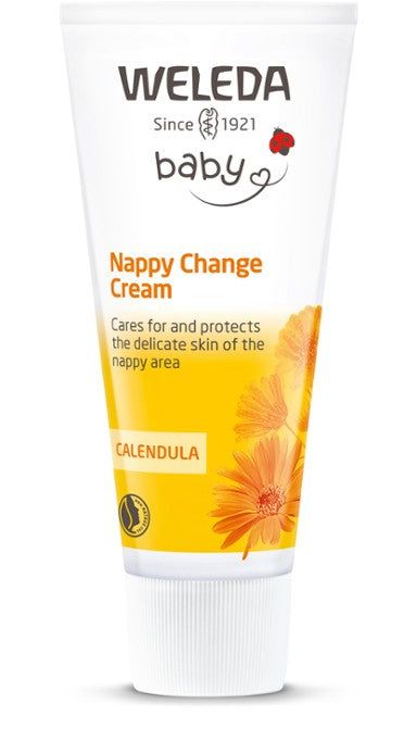 Weleda Baby Calendula Nappy Change Cream -tuubi, valkoinen, keltais-oranssi väritys, kehäkukkakuvia; mattapintainen muovituubi, groteskiteksti herkän ihon hoidosta