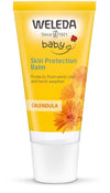 Weleda Baby Calendula Weather Protection Cream -tuubi, keltainen, oranssit kukkakuvat; mattapintainen muovituubi valkoisella korkilla, valkoinen-oranssi groteskiteksti tuulelta, kylmältä ja säältä suojaamisesta