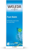 Weleda Foot Balm -pakkaus, 75 ml, sininen mattapintainen suorakulmainen rasia, valkoinen groteskiteksti ja tyylitelty kasvikuvitus; sertifioidun luonnonkosmetiikan ja luomuainesosien merkit