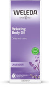 Weleda Lavender Relaxing Body Oil -pakkaus, violetti, mattapinta; laventelikukkakuvitus ja vihreä luomumerkki, teksti tuoksusta ja rauhoittavista ominaisuuksista, 100 ml