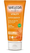 An orange plastic tube labeled Weleda Vitality Creamy Body Wash, 200ml, with a semi-gloss finish and white accents. The tube is upright with a rounded cap. Label includes text in English, German, and French. Sans-serif font dominates the label. No people or objects are visible; background is simple and evenly lit. An orange tube of Weleda Vitality Creamy Body Wash, 200ml, featuring revitalizing sea buckthorn as an ingredient, with text in English, German, and French.