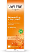 Weleda Sea Buckthorn Käsivoide -pakkaus, oranssi-valkoinen, mattapintainen; luomu- ja luonnonkosmetiikkasertifiointikuvakkeita, tyrni, 50 ml