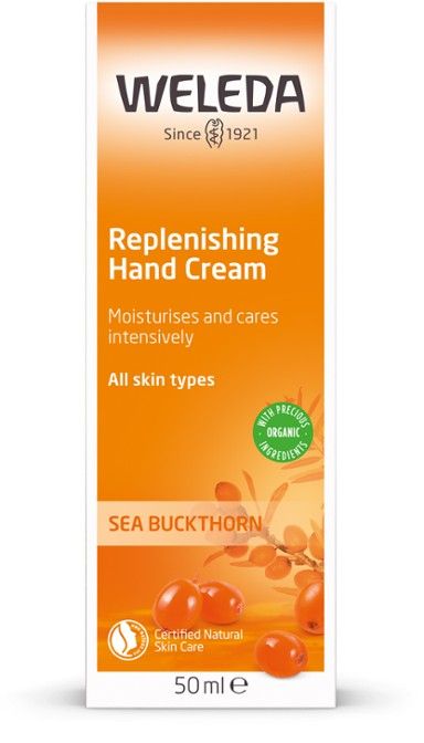 Weleda Sea Buckthorn Käsivoide -pakkaus, oranssi-valkoinen, mattapintainen; luomu- ja luonnonkosmetiikkasertifiointikuvakkeita, tyrni, 50 ml