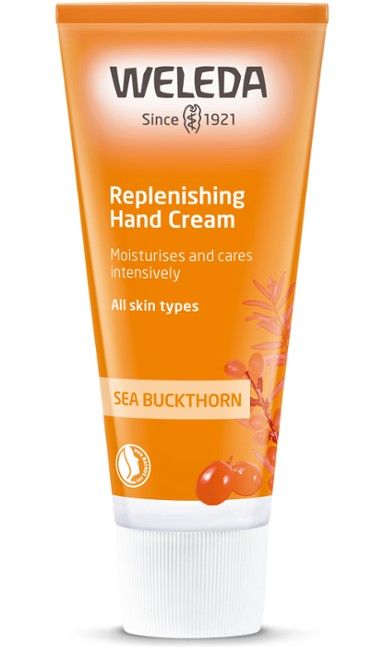 Weleda Sea Buckthorn Käsivoide -tuubi, oranssi, mattapintainen, valkoinen korkki, tyrnimarjakuvitus; valkoinen groteskiteksti, kaikille ihotyypeille