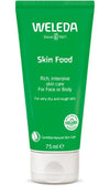Weleda Skin Food -voide, vihreä 75 ml tuubi; etiketissä kuvaus runsaasta ihonhoidosta kasvoille ja vartalolle erittäin kuivalle ja karkealle iholle