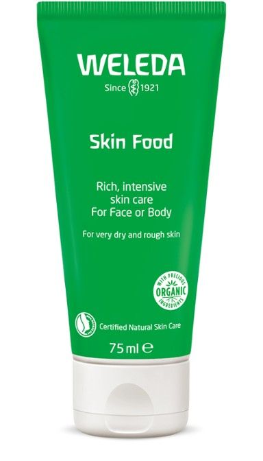 Weleda Skin Food -voide, vihreä 75 ml tuubi; etiketissä kuvaus runsaasta ihonhoidosta kasvoille ja vartalolle erittäin kuivalle ja karkealle iholle