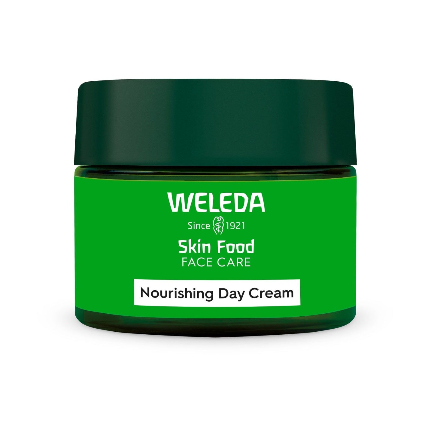 A green jar of Weleda Skin Food Face Care Nourishing Day Cream with a dark green, cylindrical plastic lid and a smooth, likely matte surface. The label features white sans-serif text stating the product name and brand. Packaging is compact and opaque. The image shows only the jar against a plain background with no people or objects visible. A green jar of Weleda Skin Food Face Care Nourishing Day Cream with a dark green lid and white text on the label, formulated to deeply nourish and hydrate your skin.