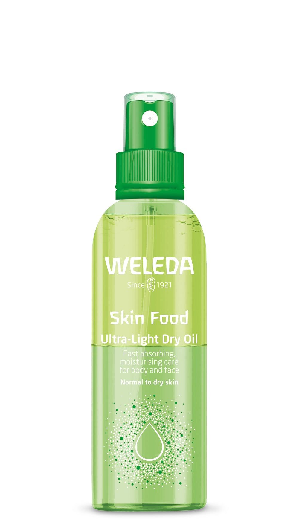 A green spray bottle of Weleda Skin Food Ultra-Light Dry Oil, designed for fast-absorbing moisturizing care for body and face, enriched with nourishing plant extracts and suitable for normal to dry skin. The bottle is translucent green plastic with a matte finish and rounded shoulders. The label has white sans-serif text stating product name and description. No people or hands are visible, plain background.