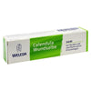 Weleda Calendula-Wundsalbe 10% Voide; 25 g:n laatikko Weleda Calendula Wundsalbe -voidetta, saksalainen luotettu kehäkukkavoide haavojen ja pinnallisten tulehdusten hoitoon; suorakulmainen pahvipakkaus on valkoinen ja mattapintainen, siinä vihreitä paneeleja ja sinistä ja vihreää painettua tekstiä; kirjasinlaji yksinkertaista groteskia; ei ihmisiä tai käsiä näkyvissä; yksivärinen tausta tasaisessa valaistuksessa.