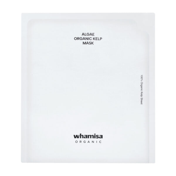 Whamisa Algae Kelp Mask; valkoinen suorakaiteen muotoinen pussi mattapinnalla; luettavassa etiketissä teksti ”ALGAE ORGANIC KELP MASK”, alaosassa logo ”whamisa ORGANIC”; toisella sivulla selkeästi teksti ”100% Organic Kelp Eco Sheet”; kirjasin lihavoitu ja groteski; tuote vaaleaa tasaista taustaa vasten, ei rekvisiittaa tai ihmisiä kuvassa.