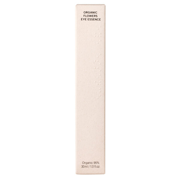 Whamisa Organic Flowers Eye Essence; korkea, vaaleanbeige suorakaiteen muotoinen rasia tekstillä ”Organic Flowers Eye Essence” ja ”Organic 95% 30ml / 1.0 fl.oz.” alaosassa; rasia mattapintainen, siistillä tummansävyisellä groteskitekstillä; pinta sileä ilman kuviointia; ei käsiä tai ihmisiä; tausta tasainen ja siisti, kuva suoraan edestä keskitettynä.