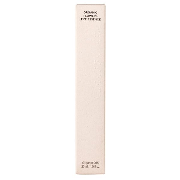 Whamisa Organic Flowers Eye Essence; korkea, vaaleanbeige suorakaiteen muotoinen rasia tekstillä ”Organic Flowers Eye Essence” ja ”Organic 95% 30ml / 1.0 fl.oz.” alaosassa; rasia mattapintainen, siistillä tummansävyisellä groteskitekstillä; pinta sileä ilman kuviointia; ei käsiä tai ihmisiä; tausta tasainen ja siisti, kuva suoraan edestä keskitettynä.