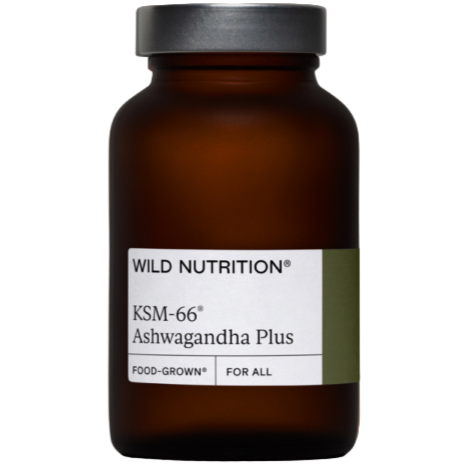 Wild Nutrition Ashwagandha Plus KSM-66 -ravintolisä; ruskea lasipullo harmaalla korkilla, lieriömäinen muoto, mattapintainen etiketti; teksti Food-Grown ja For All groteskifontilla; kuvattu edestä vaalealla taustalla, ei ihmisiä.