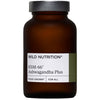Wild Nutrition Ashwagandha Plus KSM-66 -ravintolisä; ruskea lasipullo harmaalla korkilla, lieriömäinen muoto, mattapintainen etiketti; teksti Food-Grown ja For All groteskifontilla; kuvattu edestä vaalealla taustalla, ei ihmisiä.