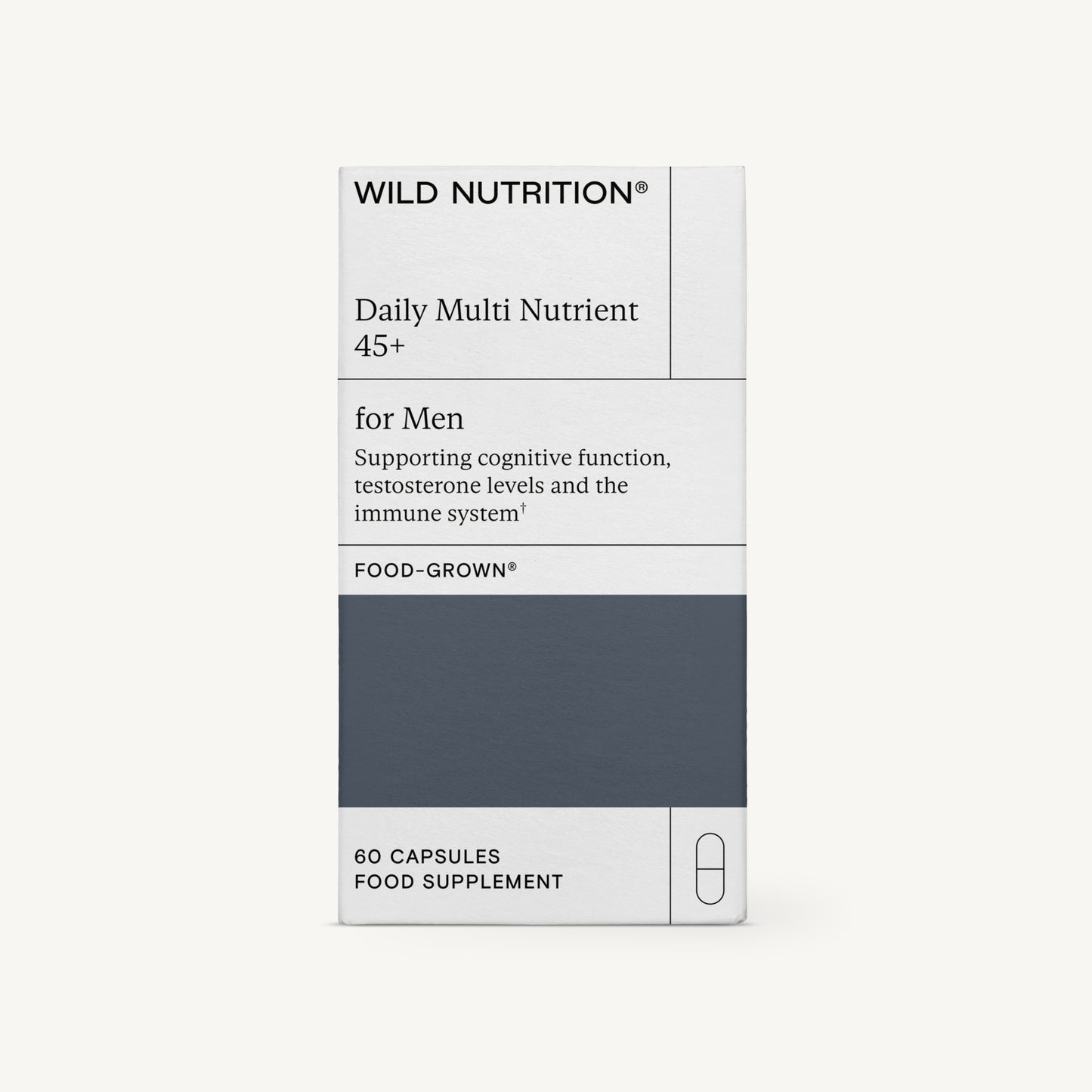 Wild Nutrition Daily Multi Nutrient 45+ for Men -pakkaus, valkoinen ja harmaa laatikko, tukee kognitiivista toimintaa, testosteronitasoja ja immuunijärjestelmää huolellisesti valituilla ravintoaineilla; sisältää 60 kapselia; laatikko suorakulmainen mattapinnalla, painettua tekstausvapaata tekstiä mustalla ja harmaalla; ei käsiä tai ihmisiä näkyvissä; tausta yksinkertainen; suora edestäpäin otettu tuotekuva täyttää kuvan.
