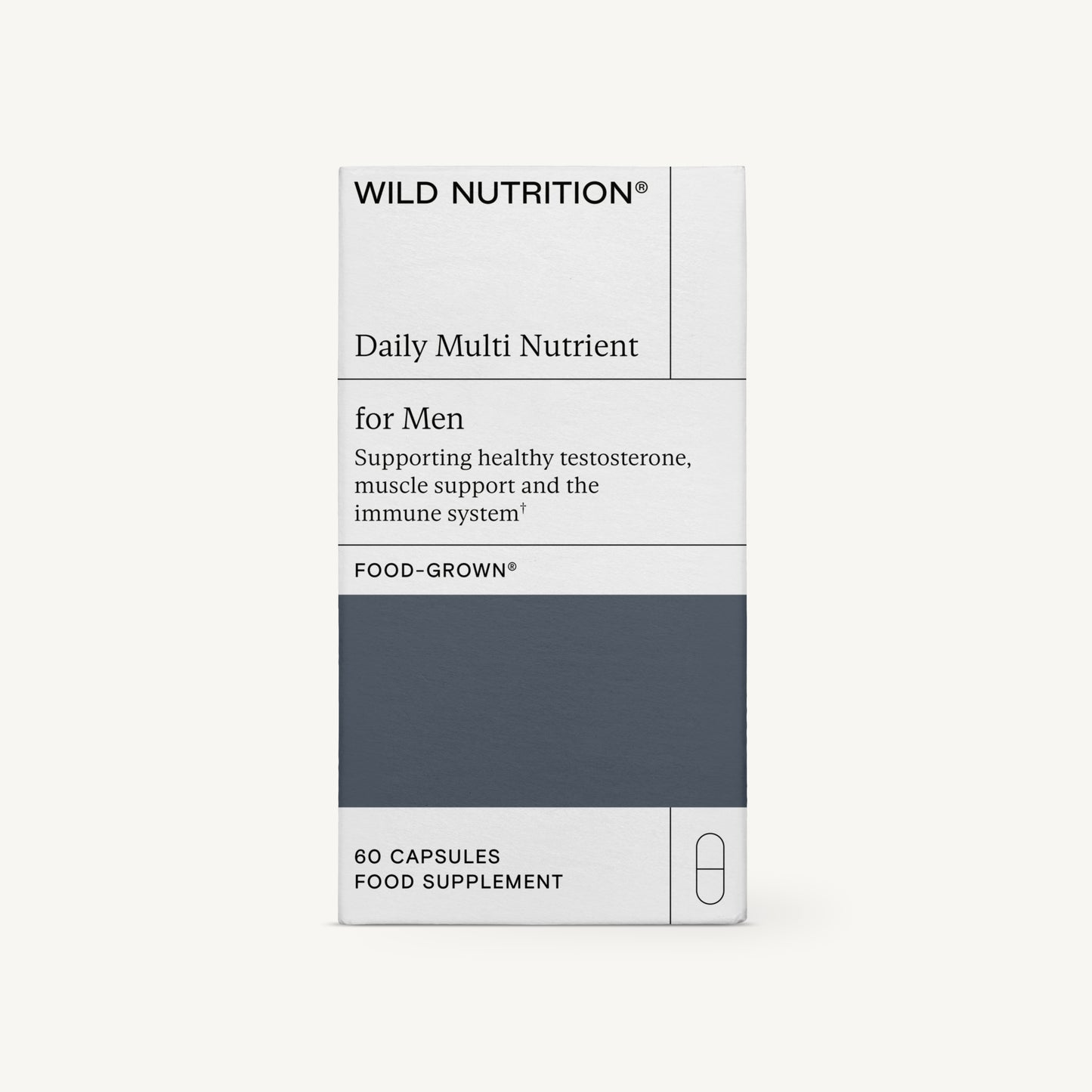 Wild Nutrition Daily Multi Nutrient for Men -pakkaus, valkoinen ja harmaa suorakulmainen laatikko mattapinnalla; etiketissä brändinimi, tuotenimi ja maininta 60 kapselista; teksti mainitsee testosteronin, lihasten, energiatasojen ja immuunijärjestelmän tuen; tekstausvapaata typografiaa läpi pakkauksen; tausta valkoinen; ei ihmisiä tai käsiä kuvassa.