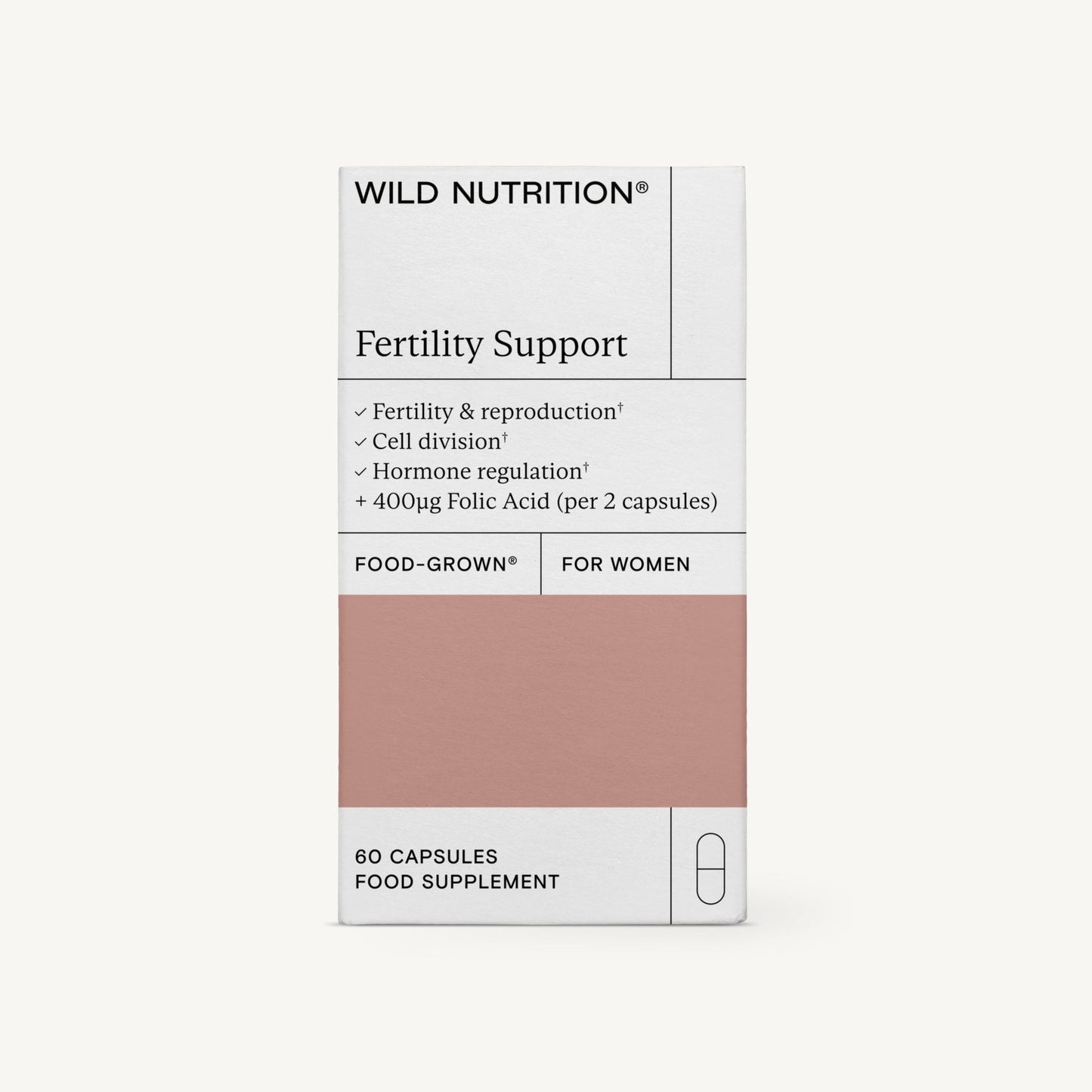 Wild Nutrition Fertility Support -kapselipakkaus naisille, hyödyt kuten hedelmällisyys, lisääntyminen, hormonitasapaino ja foolihappopitoisuus; ravintolisä sisältää 60 kapselia; laatikko suorakulmainen mattapinnalla, pääosin valkoinen tummalla tekstillä; tekstausvapaata typografiaa etusivun etiketissä; ei käsiä tai ihmisiä näkyvissä, tausta valkoinen; suoraviivainen studiokuva.