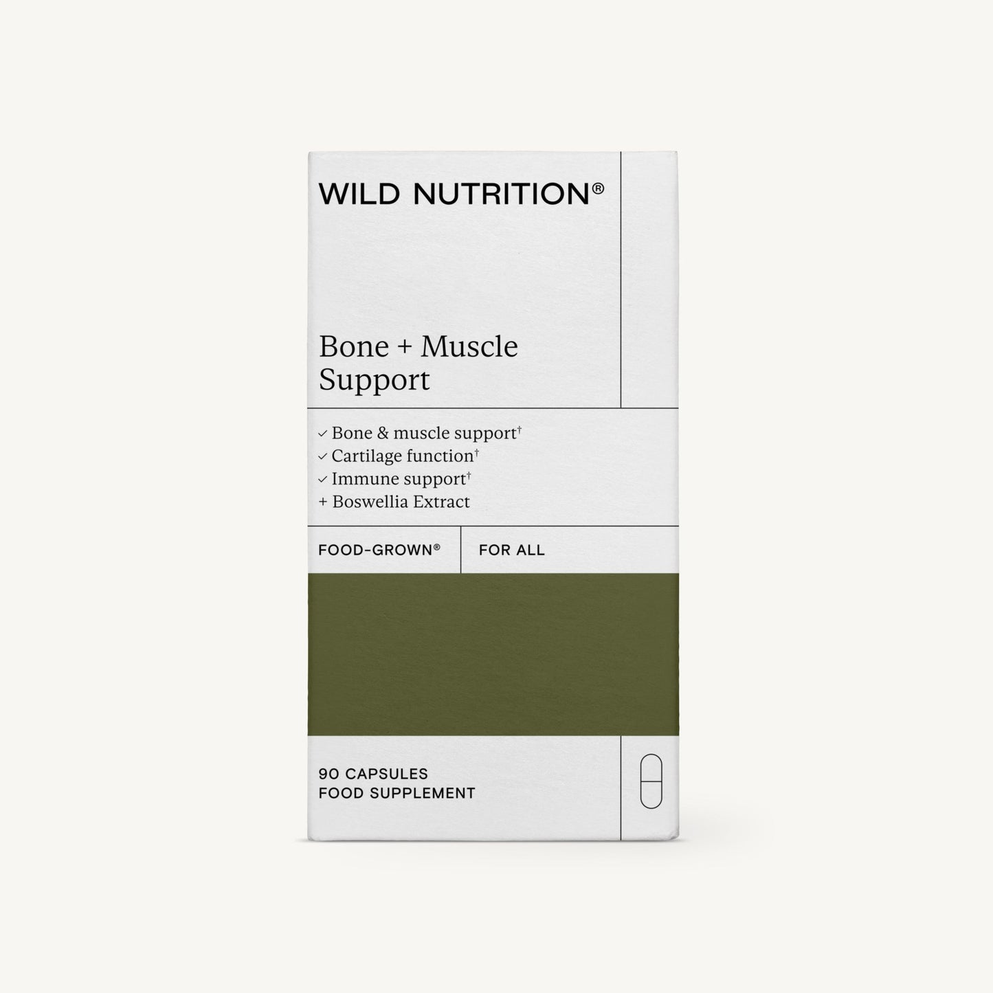 Wild Nutrition Bone + Muscle Support -pakkaus, valkoinen laatikko, sisältää boswellia-uutetta, hyödyt luustolle, rustolle ja immuunijärjestelmälle; sisältää 90 kapselia, merkitty ravintolisäksi; suorakulmainen muoto mattapinnalla; mustaa tekstausvapaata typografiaa etupuolella; tausta yksinkertainen; ei ihmisiä tai käsiä näkyvissä.