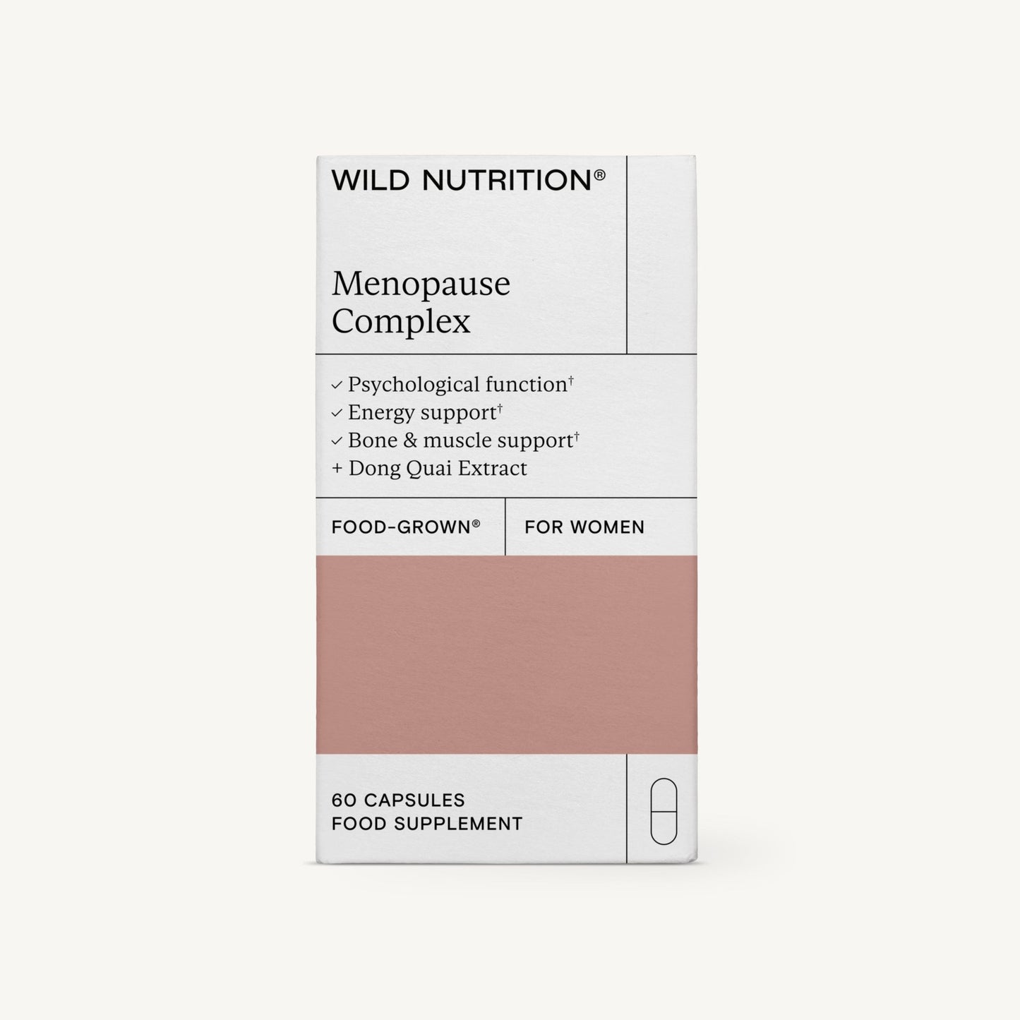 Wild Nutrition Menopause Complex -pakkaus, naisten ravintolisä, teksti korostaa hyötyjä kuten energian tukea ja luuston vahvuutta, sisältää 60 kapselia; laatikko suorakulmainen mattapinnalla neutraalein sävyin ja tekstausvapaalla typografialla; päätekstissä selkeästi näkyvissä etupuolella; tuote yksinkertaisella taustalla; ei ihmisiä tai käsiä näkyvissä.