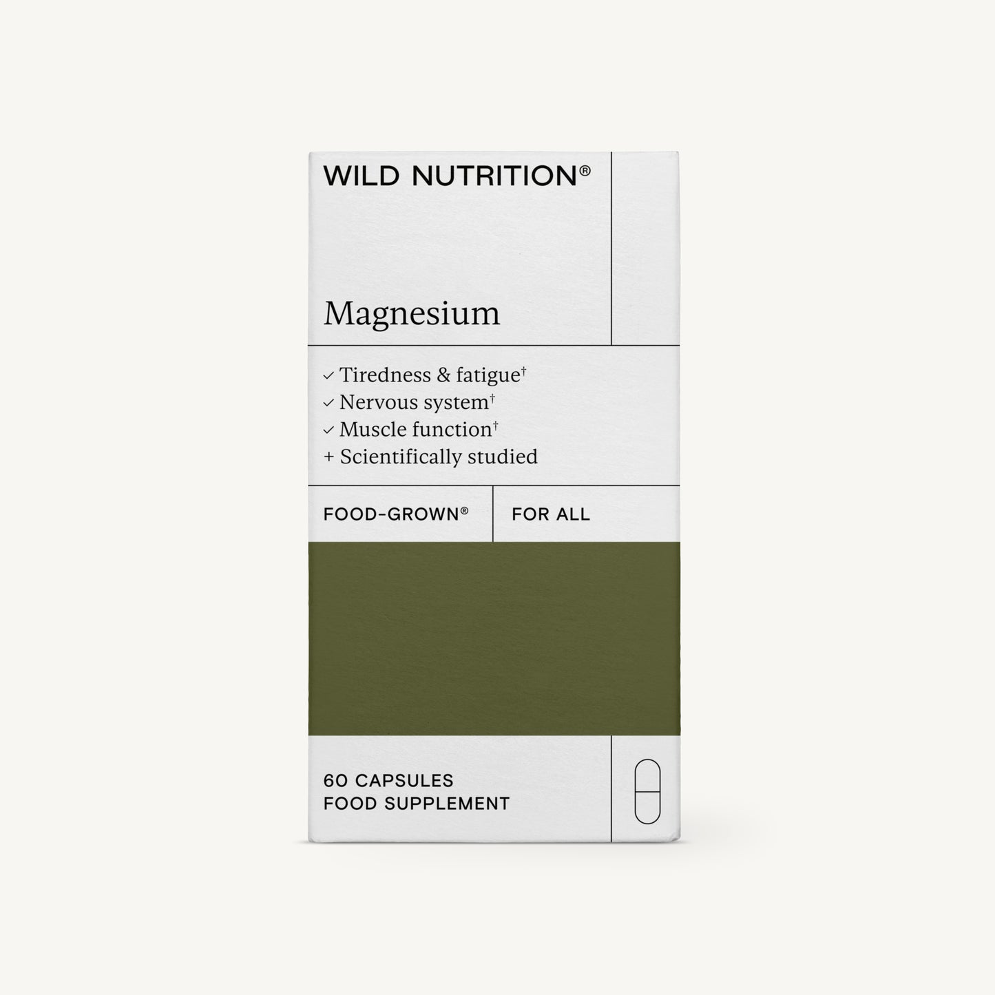 Wild Nutrition Magnesium -pakkaus, ravintolisä, 60 kapselia; suorakulmainen laatikko mattavalkoisella pinnalla ja vaakasuoralla vihreällä raidalla yläosassa; tummaa tekstausvapaata tekstiä, joka nimeää tuotteen ja listaa hyödyt: tukee hermostoa, lihasten toimintaa, vähentää väsymystä; ei ihmisiä tai käsiä näkyvissä; tausta yksinkertainen; tieteellisesti tutkittu koostumus tarjoaa olennaista magnesiumia päivittäiseen hyvinvointiin.